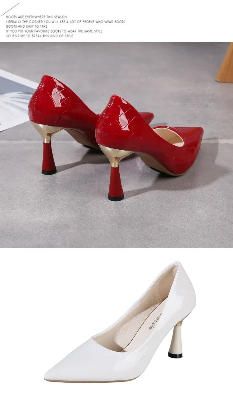 Scarpe Donna 2024 Tendenza Nuova Estate Tacchi rossi Donna elegante Décolleté con tacco nero e punta a punta Abito in pelle Scarpe da donna bianche