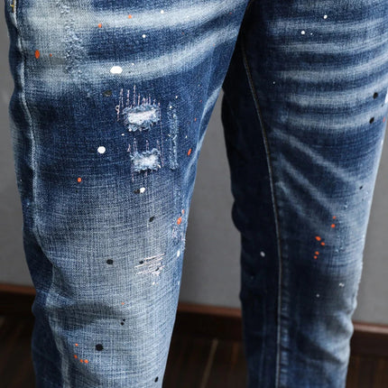 Fashion Designer Men Jeans Retro Blue Stretch Slim Fit Painted Ripped Jeans Men Korean Style Vintage Casual Denim Pants Hombre PlatiNum