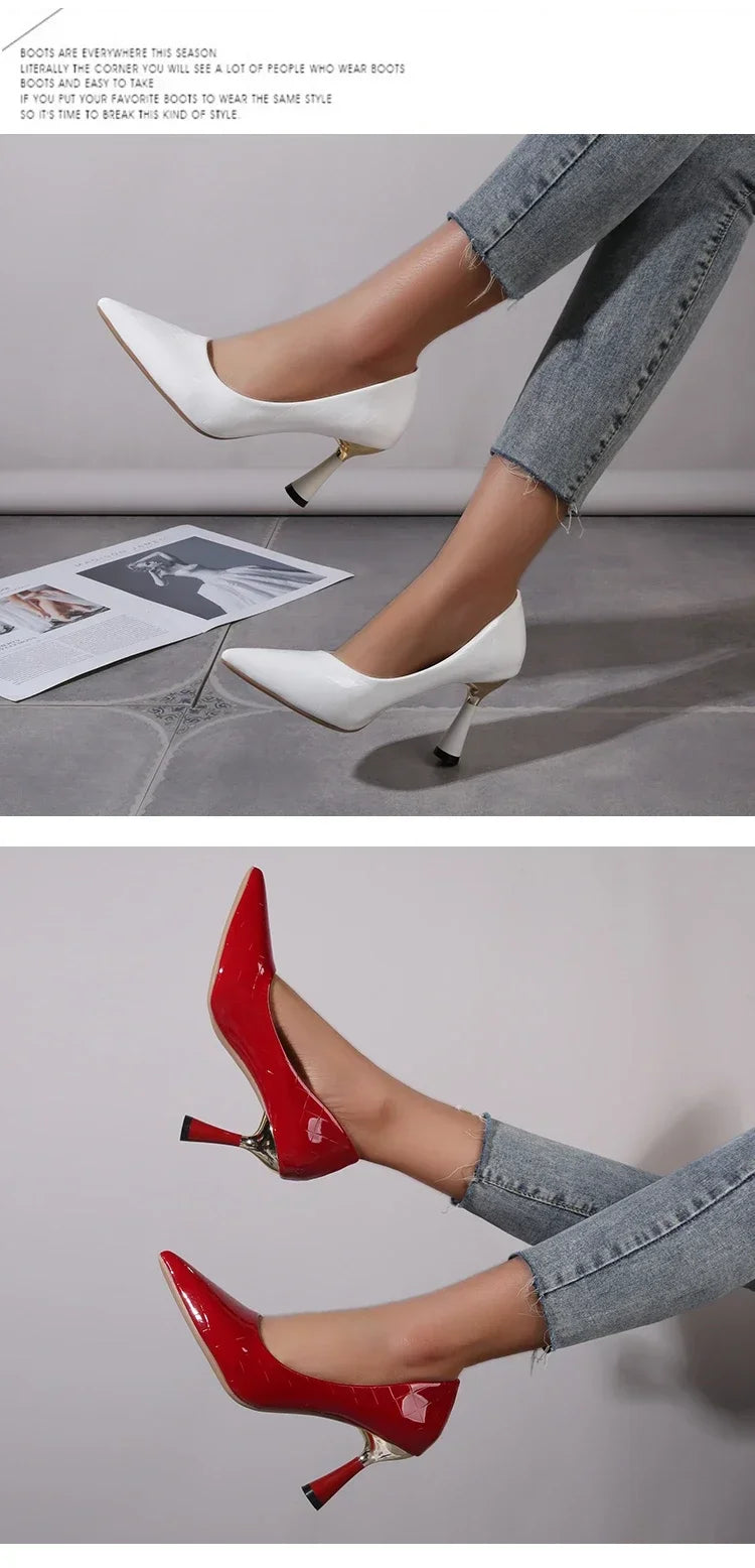 Scarpe Donna 2024 Tendenza Nuova Estate Tacchi rossi Donna elegante Décolleté con tacco nero e punta a punta Abito in pelle Scarpe da donna bianche