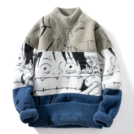 Mink Plush Thickened Round Neck Sweater New Men's Autumn Winter Loose Print Patchwork Fashion Knitted Sweater Long Sleeved Tops