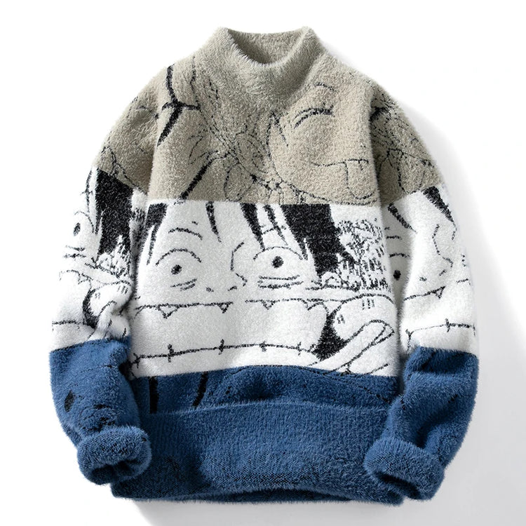 Mink Plush Thickened Round Neck Sweater New Men's Autumn Winter Loose Print Patchwork Fashion Knitted Sweater Long Sleeved Tops