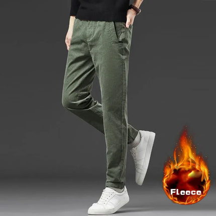 Winter Men's Corduroy Velvet Pants Thickened Fleece Slim Fit Versatile Business Long Pants Cozy Plush Warm Trousers Male