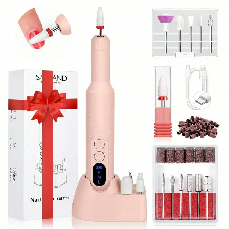 Rechargeable Electric Nail Drill Machine, Professional Nail File Kit with 11pcs Nail Drill Bits, Sanding Bands, 3 Speed Settings for Manicure & Pedicure, Pink