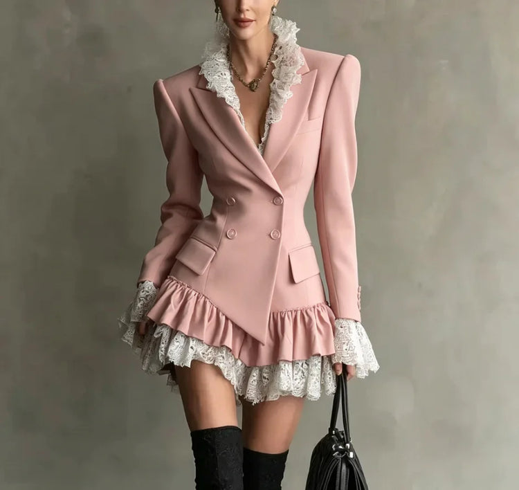 Chic Patchwork Lace Blazer Dress Women Autumn Winter Commute Lapel Long Sleeve Slim Fit Mini Dresses Double Breasted Suit Dress
