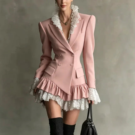 Chic Patchwork Lace Blazer Dress Women Autumn Winter Commute Lapel Long Sleeve Slim Fit Mini Dresses Double Breasted Suit Dress