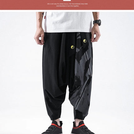 Pantaloni alla moda da uomo Samurai giapponese Ukiyo-e Cintura con stampa Pantaloni stile harem da uomo in cotone e lino Casual Oversize Harajuku Pantaloni a gamba larga da uomo