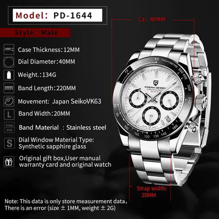 PAGANI DESIGN V2 Orologio da uomo al quarzo con movimento VK63, vetro zaffiro, acciaio inossidabile, impermeabile fino a 100 m, orologio sportivo da uomo PD1644