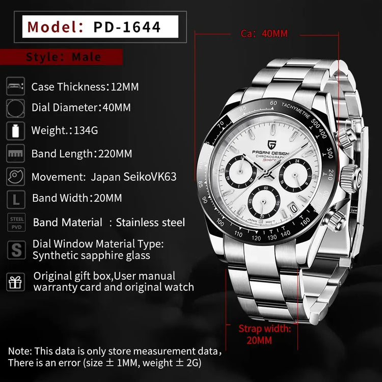 PAGANI DESIGN V2 Orologio da uomo al quarzo con movimento VK63, vetro zaffiro, acciaio inossidabile, impermeabile fino a 100 m, orologio sportivo da uomo PD1644