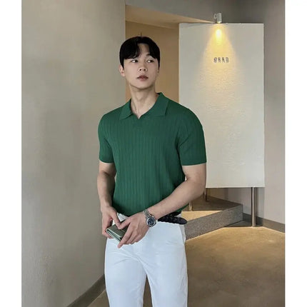 Men's Slim Fit Solid Color Stretchy Polo Shirt Sexy Fashion Trendy Cotton Casual Top Comfortable Elastic Summer Clothes