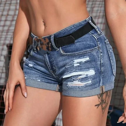 Shorts en jean fendus pour femme, taille moyenne, élastiques, avec revers, décontractés, pour la plage, à la mode, sexy, pour l'été