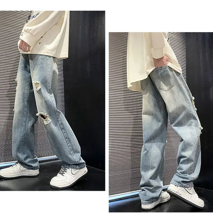 New vintage casual loose fit men's jeans with high street style straight leg denim pants for teenagers, torn knees and damaged PlatiNum