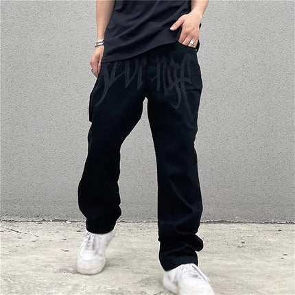 Men Y2K Embroidered High-waisted Straight Baggy Printed Jeans Hip Hop Teenager Boy Streetwear Skateboard Casual denim Trousers PlatiNum