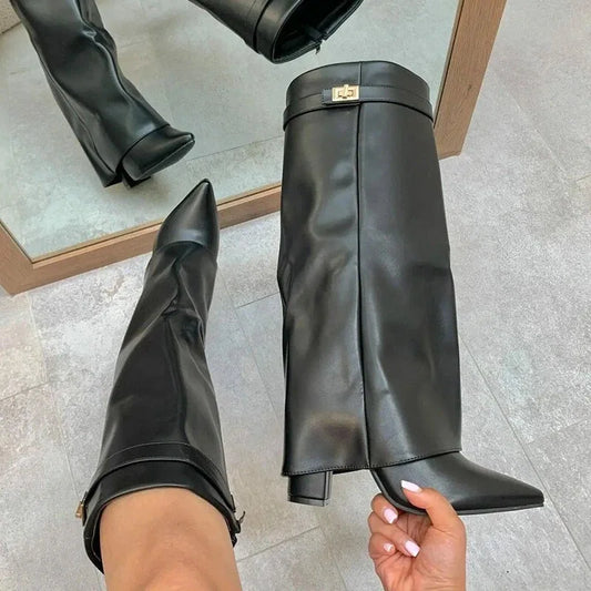 2025Autumn and Winter New Pointed Metal Buckle Knee High Women's Boots, Thick High-heeled Pants Boots, Fashionable Mid Leg Boots