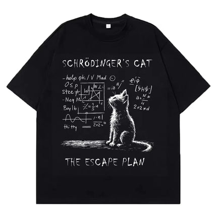 Unisex cotton short-sleeve summer t-shirt with a creative Schrödinger's Cat, Physics, and Quantum Mechanics themed print, streetwear style, loose fit