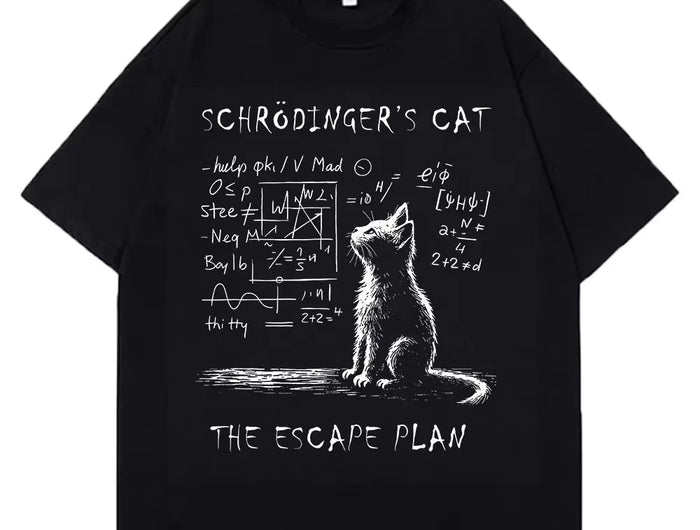 Unisex cotton short-sleeve summer t-shirt with a creative Schrödinger's Cat, Physics, and Quantum Mechanics themed print, streetwear style, loose fit