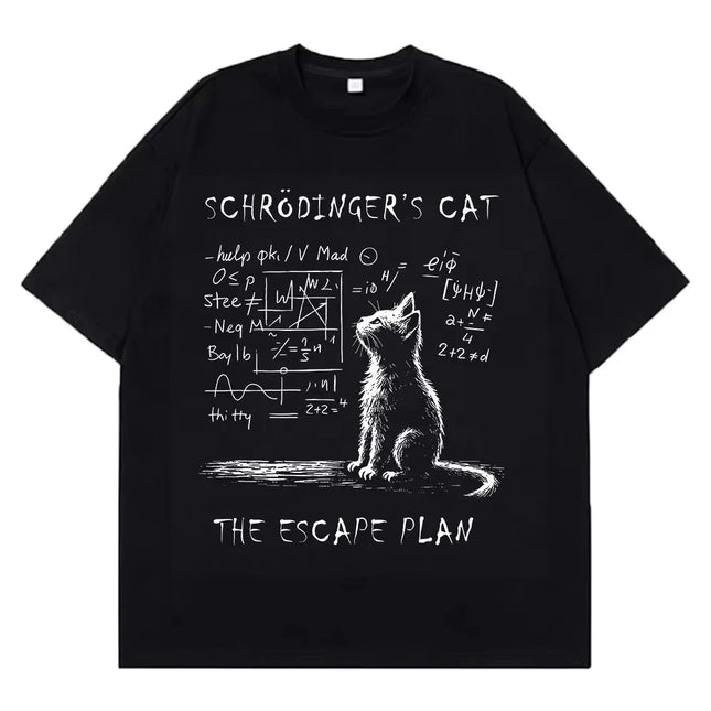 T-shirt in cotone a maniche corte estiva con stampa creativa a tema Gatto di Schrödinger, Fisica e Meccanica Quantistica, per uomo e donna, stile streetwear, vestibilità ampia