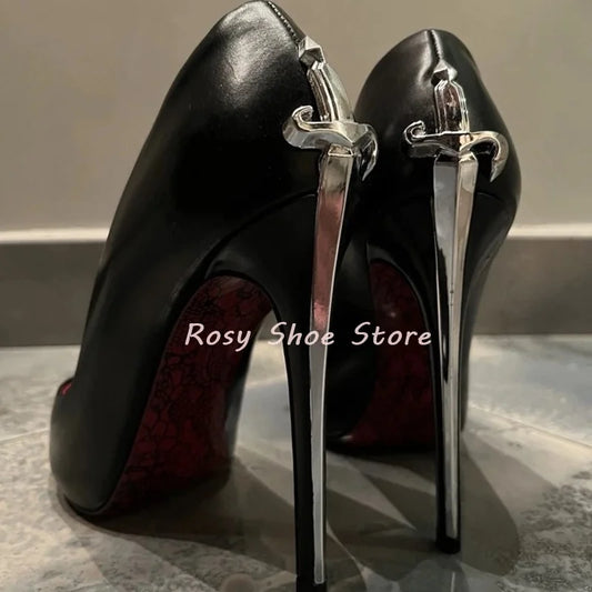 Black Suede Point Toe Strange Style Scepter-Shaped Heel Pumps Gold Silver Metal Fastener Heel Decor Pumps Nightclub Dancing Shoe