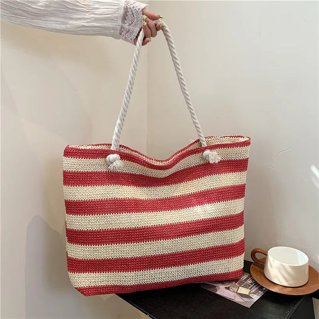Borsa a tracolla da donna in paglia Borsa da spiaggia a contrasto di colore Borsa a tracolla semplice di grande capacità Borsa quotidiana estiva da donna
