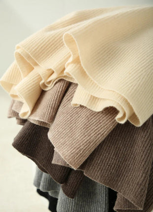 Chic New Women 100% Merino Wool Knitted A Line Skirt Solid Color Autumn Winter High Waist Preppy Style Soft Wool Midi Skirt PlatiNum