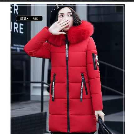 Women Winter Fur Collar Hooded Parka Coats Fashion Letter Patch Zipper Long Jacket Elegant Slim Warm Thick Female Snow Outerwear