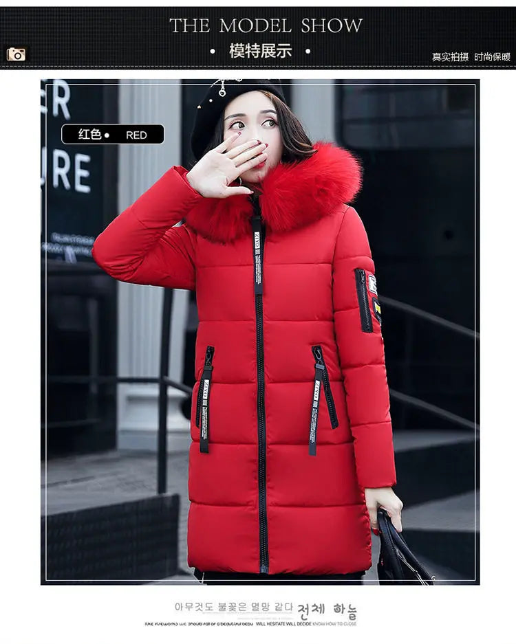 Women Winter Fur Collar Hooded Parka Coats Fashion Letter Patch Zipper Long Jacket Elegant Slim Warm Thick Female Snow Outerwear