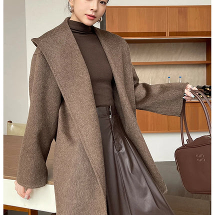 Brushed 100% Wool Coat Women Hooded Belted Wrap Coat Long-Pile Double-Faced Texture Unlined Relaxed Fit Short Coats Fall Winter