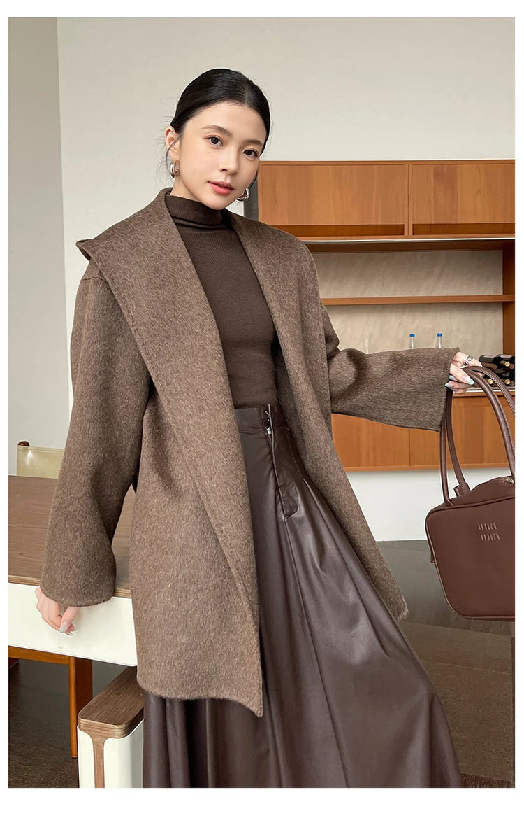 Brushed 100% Wool Coat Women Hooded Belted Wrap Coat Long-Pile Double-Faced Texture Unlined Relaxed Fit Short Coats Fall Winter