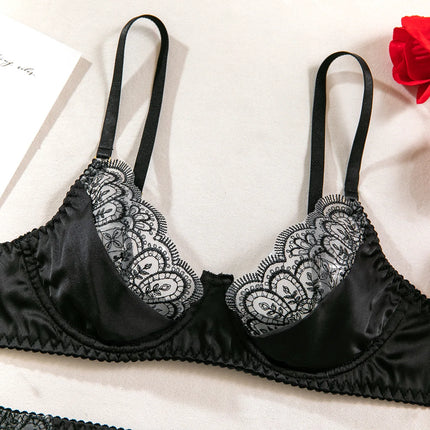 Sexy Wine Red Lace Trim Underwire Bra Lingerie Set Cut Out Garter Belt Matching Thong Intimate Sheer Nightwear Apparel Women