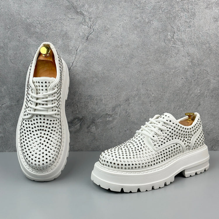 Luxury Designer Rivets Men Leather Casual Shoes Fashion Breathable Height Increasing Male Brogue Derby Shoes Zapatillas Hombre