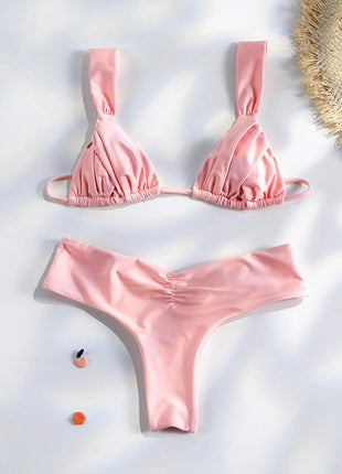 Set Bikini Sexy con Pieghe, Micro Bikini Tinta Unita, Costume da Bagno Femminile a Triangolo, Abbigliamento da Spiaggia platinumshop