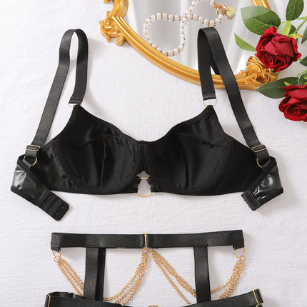 Foreign trade hot nightclub temptation metal chain sexy lingerie set spicy girl charming adjustable bra four piece set for women