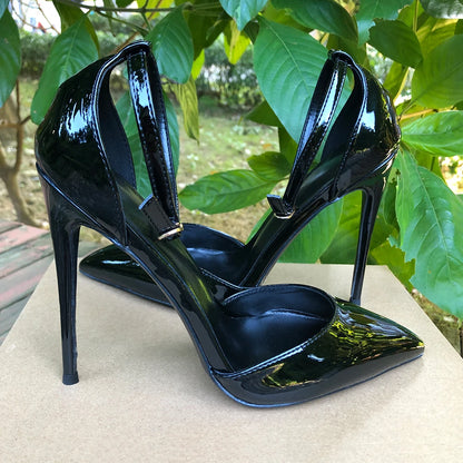 Tikicup Black Patent Pointed-Toe Stiletto Pumps Ankle Strap Elegant High Heel Dress Shoes for Women Evening Events, Office
