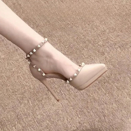 Sandali Nude con Punta a Spillo e Fibbia da Donna, Tacco Sottile Estivo, Impermeabili, con Plateau, Comodi, con Rivetti, in Pelle Sintetica platinumshop