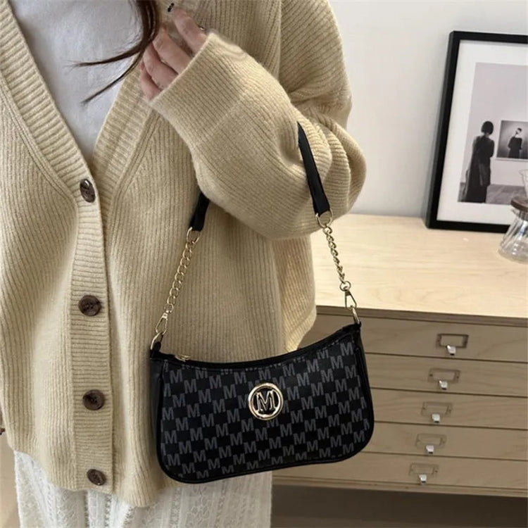 Vintage Style Handbag Crossbody Bag, Gold Letter 'M' Design Pu Leather Shoulder Messenger Bag, Synthetic Leather Tote Bag, Purse PlatiNum