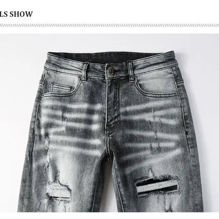 Street Designer Fashion Men Jeans Retro Gray Stretch Skinny Fit Patched Ripped Jeans Men Brand Hip Hop Y2K Denim Pants Hombre PlatiNum