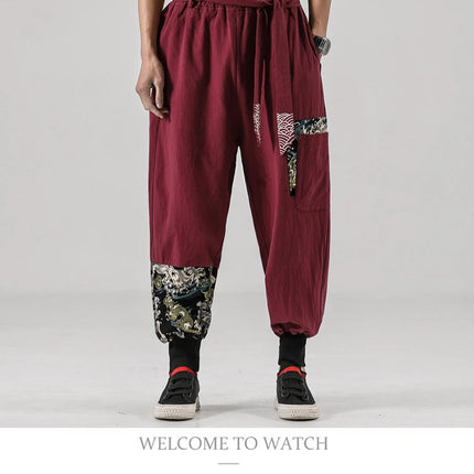 Pantaloni da uomo Costume da samurai giapponese Ukiyo-e Cintura con stampa Pantaloni stile harem da uomo in cotone e lino Pantaloni casual Harajuku da uomo Taglie forti 5XL