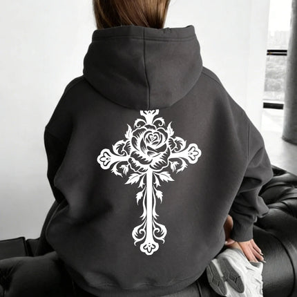 Women Rose Cross Carved Print Hoodie Unisex Autumn Winter Fleece Oversized Hooded Everyday Outdoors Hoodie for Any Occasion