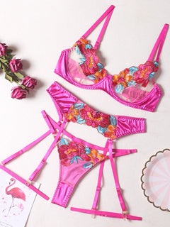 Luxury Embroidery Lingerie Three Piece Sets Sexy Mesh Patchwork See Through Bras And Panties Garter Erotic Intimate Outfits