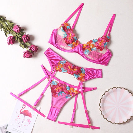 Luxury Embroidery Lingerie Three Piece Sets Sexy Mesh Patchwork See Through Bras And Panties Garter Erotic Intimate Outfits