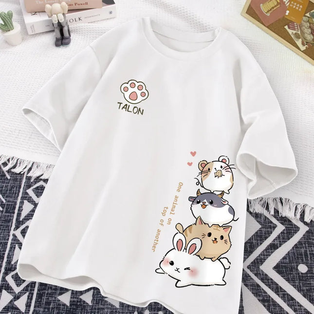 Women's Short Sleeve T-Shirt for Everyday Wear with Cute Japanese Hamster Style Sweet Print Half Sleeve T-Shirt for Casual Loose Teenage Student
