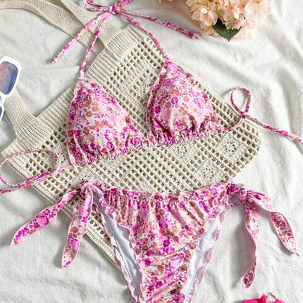 Nuovo Set Bikini Donna Estivo con Stampa Floreale Arancione, Halter con Volant, Push-Up e Perizoma con Laccetti Laterali PlatiNum