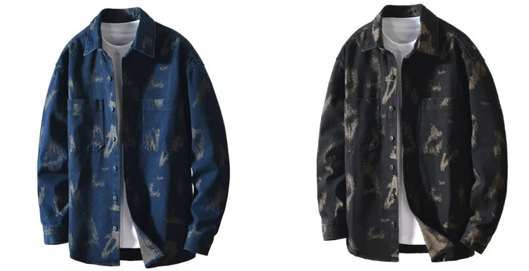 T795 Men's Long Sleeve Denim Casual Shirt for Autumn Winter Fashion Loose Relaxed Fit Vintage Flower Print Denim Jackets Male