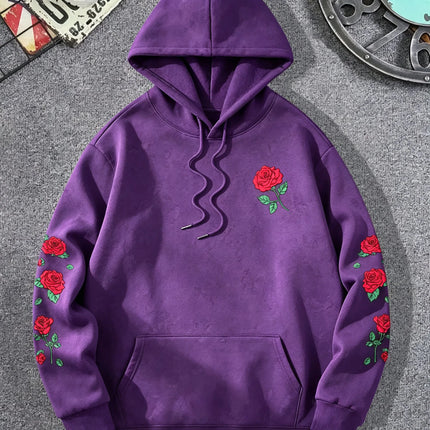 Men Rose Print Pullover Hoodie Casual Long Sleeve Streetwear Hip‑Hop Hooded Sweatshirt For Autumn Winter Women Warm Fleece Tops