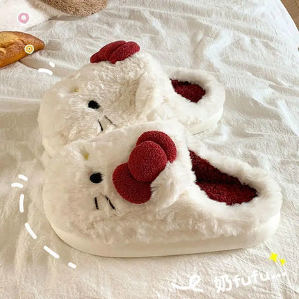 San-Rio Cute Girls Plush Slippers Cartoon Hello Kitty Winter Women Warm Cotton Shoes Female Kawaii Home Thick Sole Shoes Outdoor