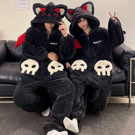 Cartoon Devil Pajamas Couples Women Men Onesie Sleepwear Winter Thicken Hooded Loungewear Coral Fleece Homewear Pijama Disfraz