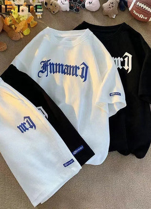 Set di abbigliamento sportivo a maniche corte in seta di ghiaccio estiva casual con waffle transfrontaliero T-shirt da uomo Set di abbigliamento da uomo abbinato platinumshop