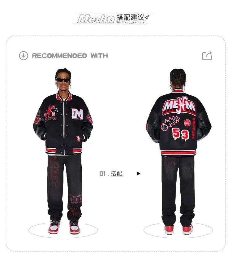 Bomber Jacket Men Women Flocking Hip Hop Loose Casual Patchwork Coat Unisex Embroidery High Street Varsity Baseball Outwear 2023
