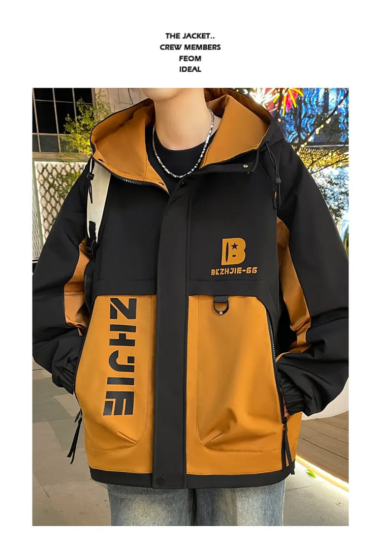 Fashion 2026 Spring Autumn Men's Hooded Casual Jacket Outdoor Windproof Loose Technical Coat Youth Streetwear Top Parka Clothing