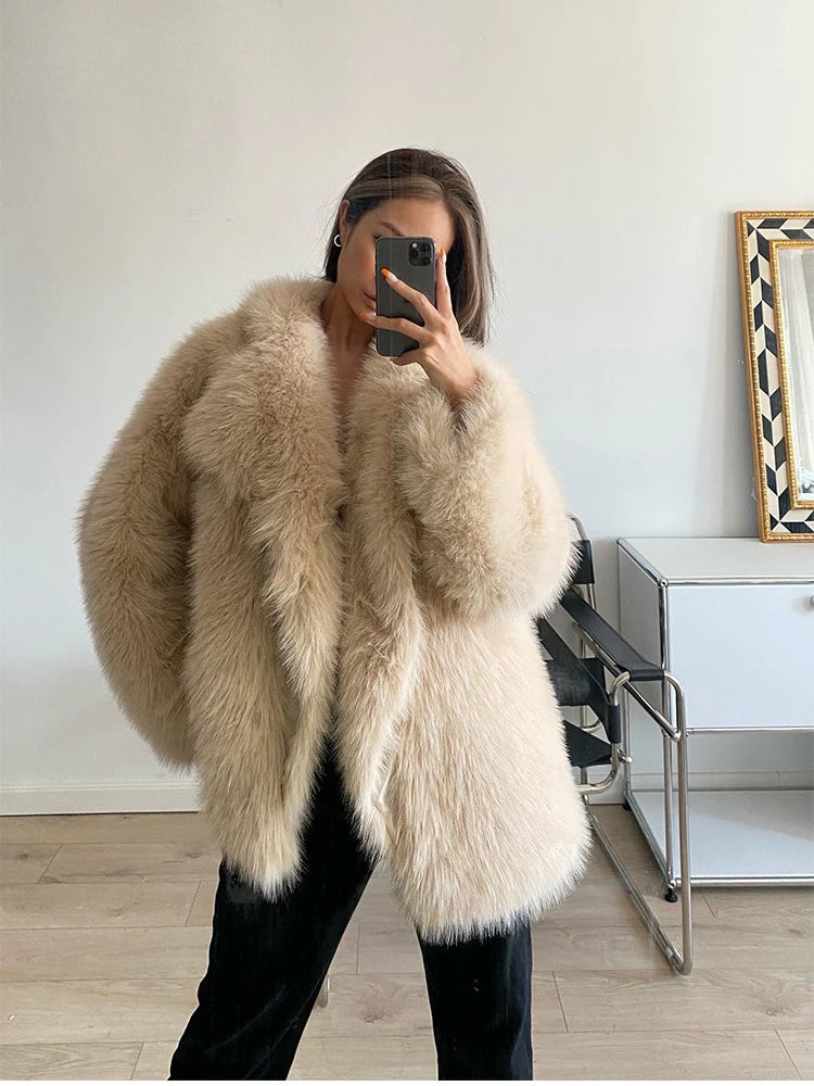 ZADORIN Korean Style Winter Warm Coat Women Mid Length Lapel Loose Faux Fox Fur Coat Luxury Overcoat Fluffy Fur Jacket Tops