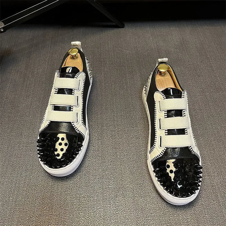 Sneaker Casual Men Designer Rivet Board Shoes Fashion Split Leather Upper Flat Platform White Shoes High Top Nightclub Shoes